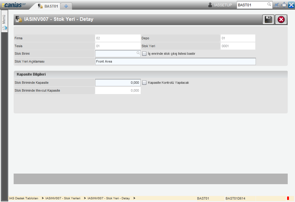 Tanım Ekranı: Firma : Firma kodu Tesis : Tesis kodu Depo : Depo kodu Stok Yeri : Stok yeri kodu Stok Biriminde Kapasite : Stok yerinin stok birimi cinsinde kapasitesi Stok Biriminde Mevcut Kapasite :