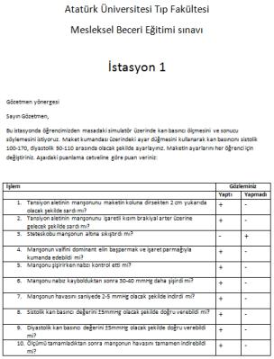 İstasyonların süresi Farklı sınavlarda 4-15 dakika arasında bildirilmiştir. (MRCGP 10 dk& USMLE 15 dk) ve en çok bir istasyon beş dakika olacak şekilde oluşturulmuştur.