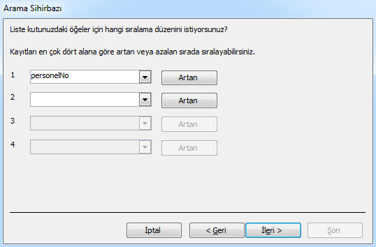 Sonrasında sıralama seçeneğinin belirleneceği pencere görüntülenir. Uygulama örneğine göre personelno alanı seçilir (Resim 12). Resim 12.