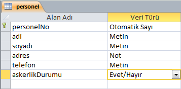 Personel numarası alanı her kaydın farklı olması amacı ile otomatik sayı ve birincil anahtar olarak tanımlanmıştır. Resim 3.