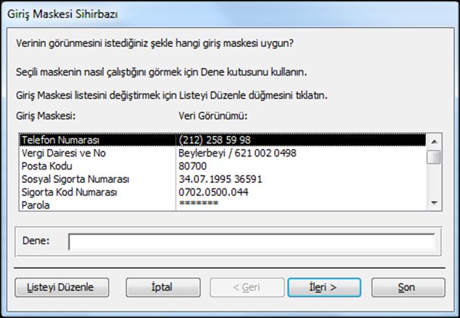 Telefon alanı Metin olmasına karşın giriş maskesi yardımıyla biçimlendirilebilir.