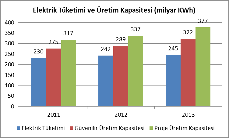 2013 yılında elektrik üretimi %0,09 oranında azalarak 239,3 milyar KwH seviyesinde gerçekleşti.