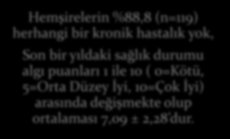 6.2. HEMŞİRELERİN SAĞLIK ÖYKÜSÜNE İLİŞKİN BULGULAR Hemşirelerin %54,5 inde (n=73) herhangi bir sağlık sorunu yok, %22,4 ünde (n=30) uyku düzeni, Hemşirelerin %88,8 (n=119)