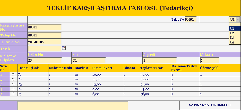 Şekil 3. Teklif Alma Formu (Figure 3. Tendering Form) Açılan Teklif Alma Formunda Tedarikçi no seçildiğinde Teklif Alma Formunu tamamlanır.