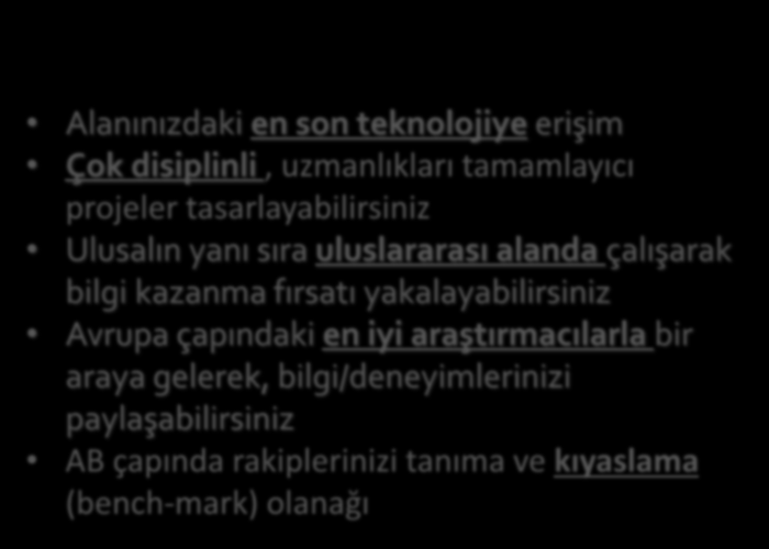 H2020 Projelerinde yer almanın kazançları Bilgi İtibar Bilgi Yeni işbirlikleri Alanınızdaki en son teknolojiye erişim Çok disiplinli, uzmanlıkları tamamlayıcı projeler tasarlayabilirsiniz Ulusalın