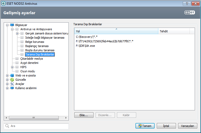 4.1.1.5 Tarama Dışı Öğeler Tarama dışı öğeler, dosyaları ve klasörleri tarama dışında bırakmanızı sağlar.