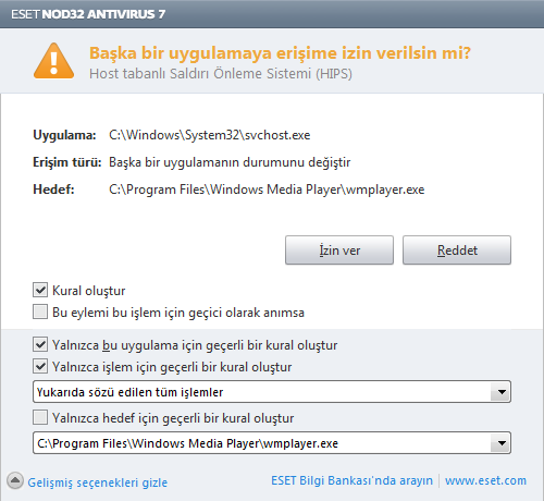 Varsayılan eylem olarak Sor seçeneğini belirlerseniz ESET NOD32 Antivirus, her işlem çalışmasında bir iletişim penceresi görüntüler. İşlem için Reddet veya İzin Ver seçeneklerini belirleyebilirsiniz.