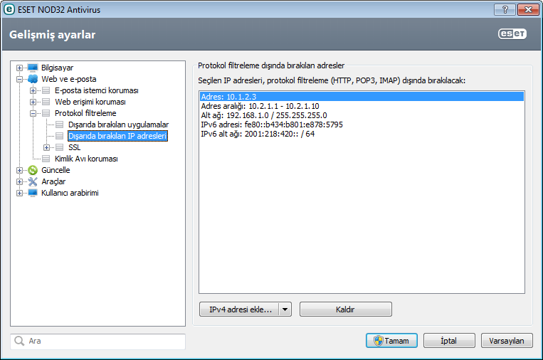 4.2.3.3 Dışarıda bırakılan IP adresleri Listedeki girişler protokol içeriği filtreleme dışında bırakılır. Seçili adreslerden/adreslere HTTP/POP3/IMAP iletişimi tehditlere karşı denetlenmez.