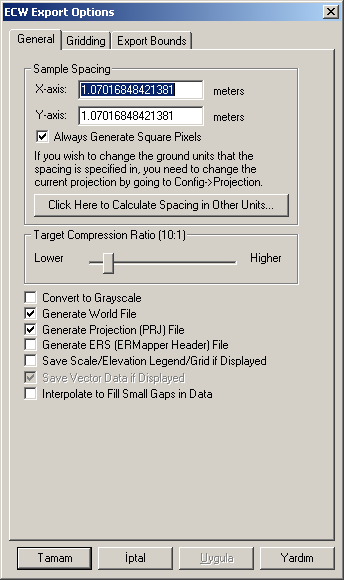 Açılan pencereden Generate World File kutucuğu işaretlendikten sonra Tamam a tıklanır, dosyayı kaydedeceğimiz yer ve isim seçilir ve dönüşüm tamamlanır.