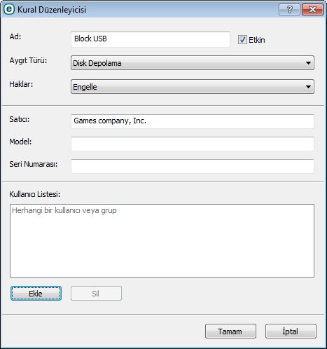 4.1.3.2 Aygıt denetimi kuralları ekleme Aygıt denetimi kuralı, kural ölçütlerini karşılayan bir aygıt bilgisayara bağlandığında gerçekleştirilecek olan eylemi tanımlar.