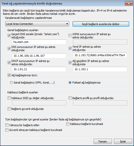 İki farklı kimlik doğrulama türü vardır: 1) ESET kimlik doğrulama sunucusunu kullanarak Bölge kimlik doğrulaması ağda belirli bir sunucuyu arar ve sunucunun kimlik doğrulamasını yapmak için asimetrik