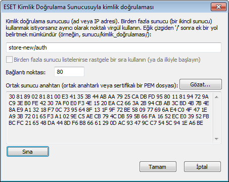 Ayarlarınızı sınamak için Sına seçeneğini tıklatın. Kimlik doğrulama başarılı olursa Sunucu kimlik doğrulaması başarılı bildirimi görüntülenir.