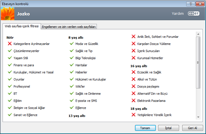 4.4.1 Web sayfası içeriği filtreleme Bir kategorinin yanındaki onay kutusu işaretliyse, bu kategoriye izin verilmektedir.