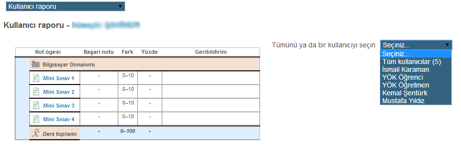 Açılan sayfada tablonun sağ üst köşesindeki açılır menüden notlarını görmek istediğiniz öğrenciyi