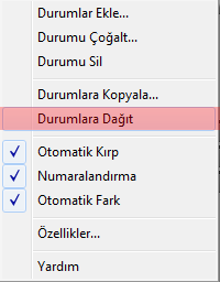 Nesnelerin tamamını seçiniz ve durumlar panelinden Durumlara Dağıt komutunu seçiniz. Resim 4.5: Durumlara dağıt komutu Veya durumlar paneli seçeneklerinden Durumlara Dağıt komutunu seçiniz. Resim 4.6: Durumlar paneli seçenekleri Görüntü iģleme yazılımı, resimleri sırası ile durumlara dağıtacaktır.