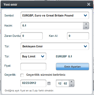 Bekleyen Emir verirken Al, Sat veya En Fazla Sapma seçeneklerini kullanmak mümkün değildir. Bu seçenekler yerine; o Buy Limit Sell Limit Buy Stop Sell Stop kullanılmalıdır.