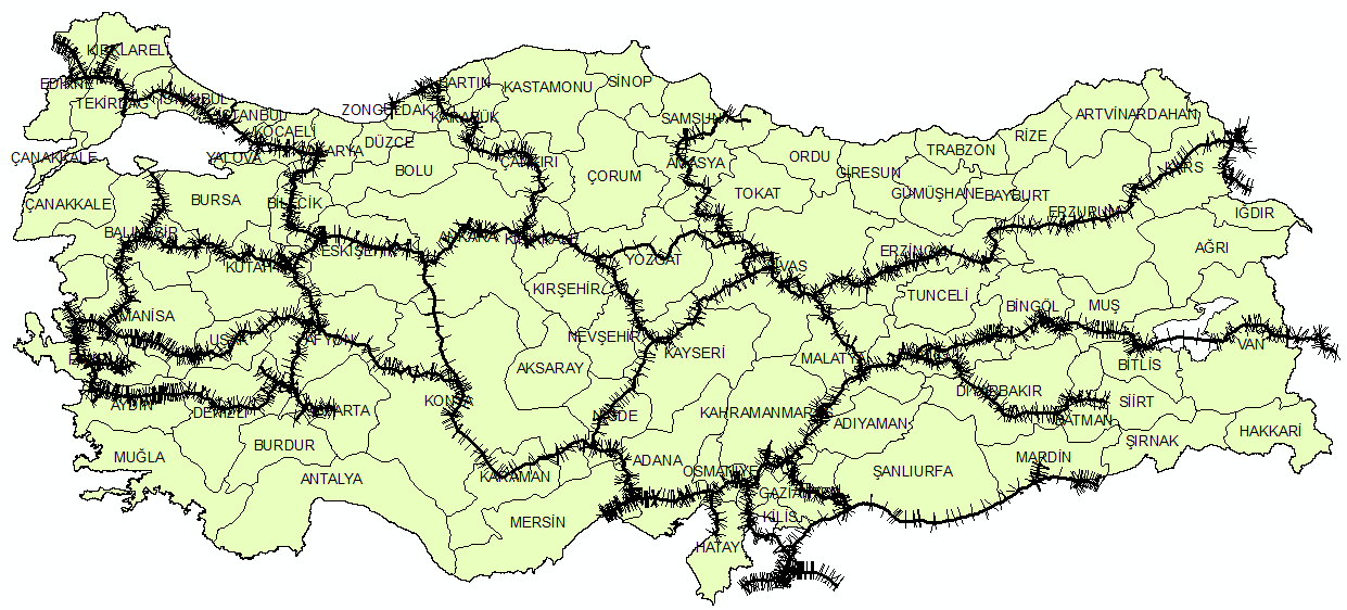 edilmemektedir. Karayolları ağı Şekil 17 da gösterilmiştir. nket sonuçlarına göre, lojistik tesislerin karayollarına en fazla 5 km. mesafede olması istenmektedir.