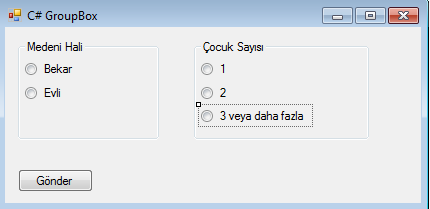 1-Formda birden fazla radiobutton gurubumuz olabilir. Aynı anda her gruptan da bir tane radiobutton seçmemiz gerekebilir. Bu durumda groupbox kullanmamız gerekir. AĢağıda örnek bir form verilmiģtir.