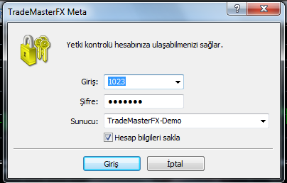 Demo hesaba giriş yaparken sunucu bilgisi alanında TradeMasterFX -Demo seçili olmasına dikkat edilmelidir.