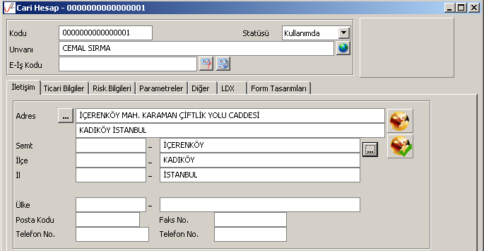 Nokta Aktar seçeneği ile harita üzerinde belirlenen adrese ait konum bilgileri (Enlem, boyla, ilçe, il numarası bilgileri) cari hesap iletişim