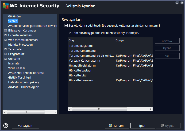 7.2. Sesler Ses Ayarları iletişim kutusunda belirli AVG Internet Security işlemleri hakkında bir ses bildirimiyle bilgilendirilmek isteyip istemediğinizi belirleyebilirsiniz: Bu ayarlar yalnızca