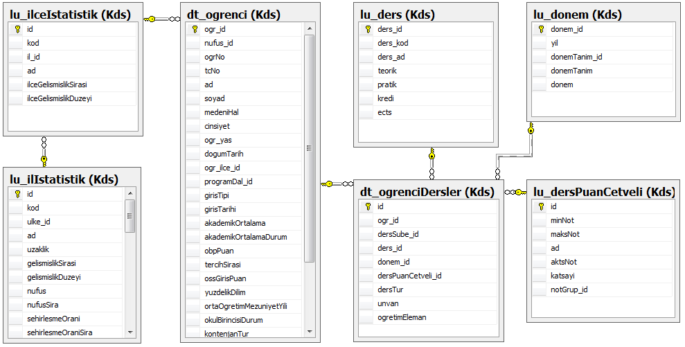 dt_program: Öğrencinin bağlı olduğu programlar hakkında bilgileri içermektedir. lu_programtur: Öğrencinin lisans-önlisans ve normal öğretim-ikinci öğretim bilgilerini tutan tablodur.