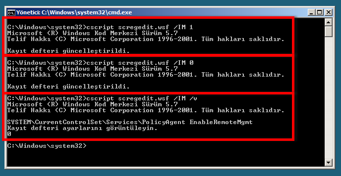 Otomatik güncelleştirme yapılandırmasının durumunu görüntülemek için de cscript scregedit.wsf /AU /v komutu kullanılır.