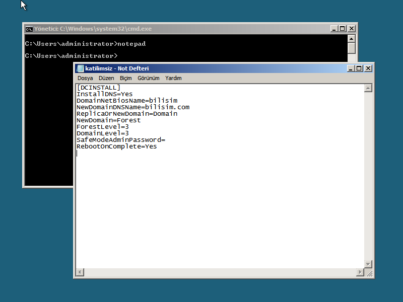 Aşağıda örnek bir cevap dosyası bulunmaktadır. [DCINSTALL] InstallDNS=Yes DomainNetBiosName=bilisim NewDomainDNSName=bilisim.