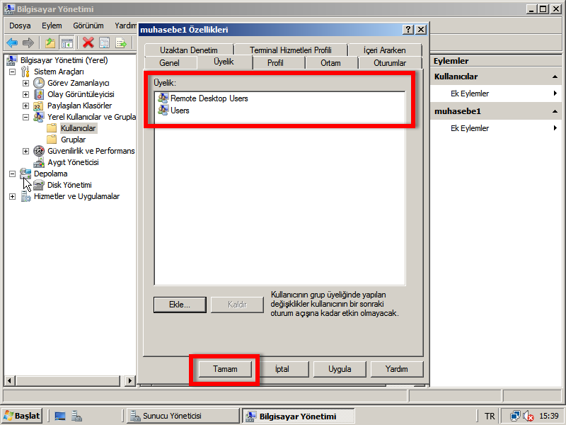 Tamam düğmesine tıkladığınızda oluşturulan kullanıcı hesabı uzak masaüstü kullanıcılarına (Remote Desktop Users) eklenmiş oldu. Resim 5.