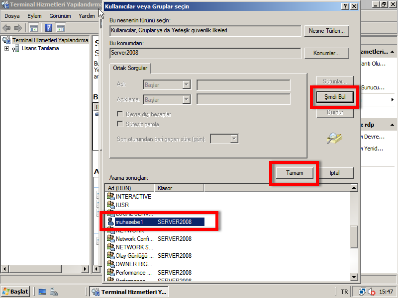 Rdp Özellikleri penceresindeki Güvenlik sekmesinden, Remote Desktop Users grubunu seçiniz ve Ekle düğmesine tıklayınız. Resim 5.