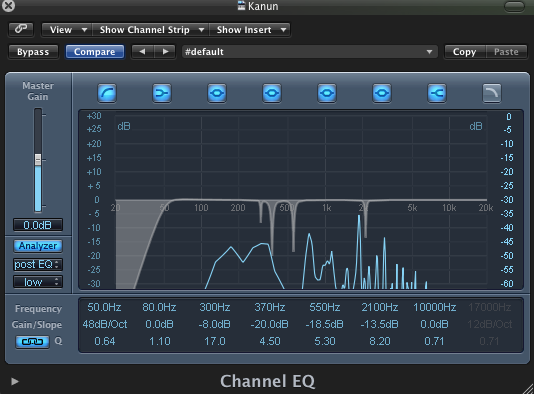 Kanun Kanal'ı için EQ; Kanun'un frekans alanı geniģ ve rezonans frekansları dörtten fazla bulunduğu için alt alta iki sanal Channel EQ iģlemci açılmıģtır.