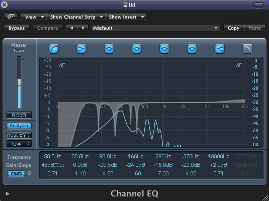 Ud Kanal'ı için EQ; Ud kanalı için Inserts'de Channel EQ açılmıģ, 50 Hz'nin altındaki olmayan frekanslar örtülmüģ, 90 Hz'de, 16