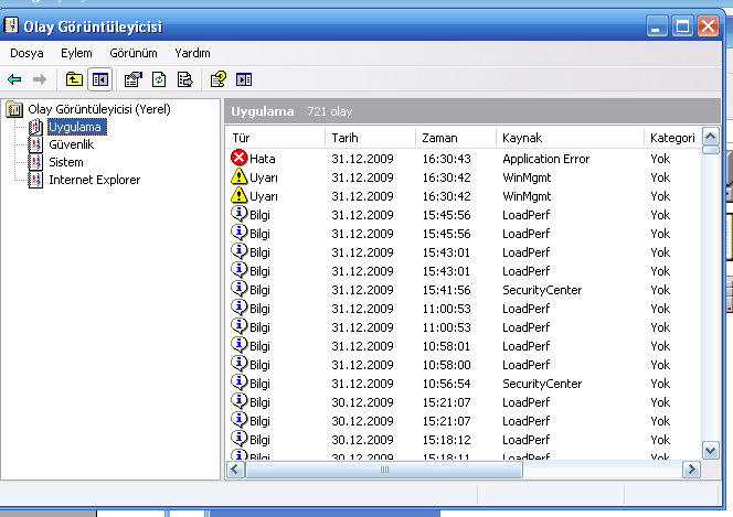 Şekil 2.8: Olay görüntüleyicisi penceresi Üç farklı kayıt alanı söz konusudur. > Sistem :Windows aygıtlarla ilgili her türlü olayı buraya kaydeder. > Güvenlik: Güvenlikle ilgili olaylardır.