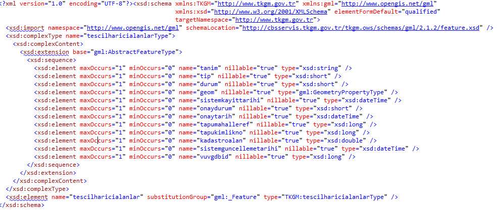 3.1.2. DescribeFeatureType http://cbsservis.tkgm.gov.tr/tkgm.ows/wfs?service=wfs&version=1.0.