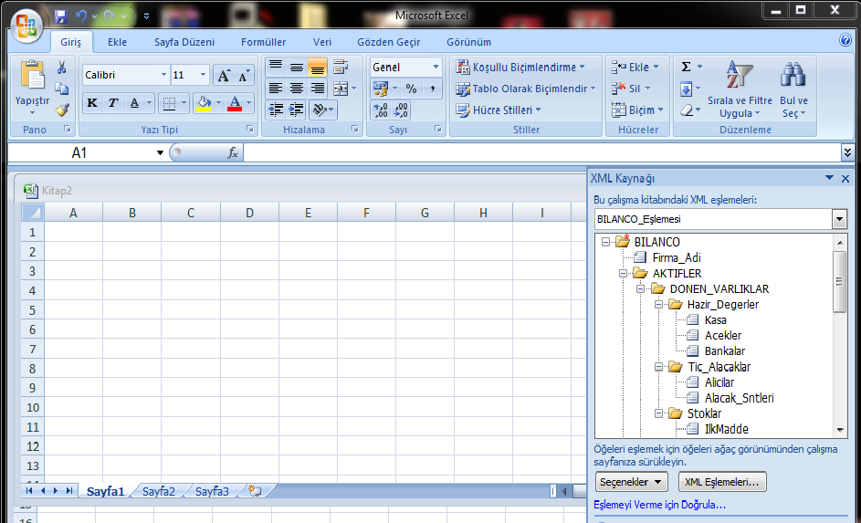 XML etiketleri "XML Kaynağı Görev Bölmesi"nde görüldükten sonra sıra bu verilerin Excel'de hazırlanmasına gelmiģtir. Bunun için iki yöntem bulunmaktadır. 1.