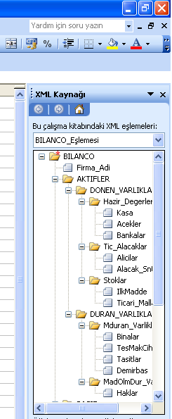 Verilerin iģaretlenen hücrelere taģınması için Veri menüsü üzerinde önce XML e daha sonra