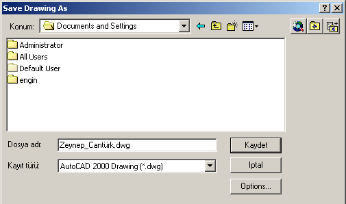 Resim 1.47: Kaydetme Penceresi Ayrıca AutoCAD in otomatik kaydetme özelliği de kullanılabilir.