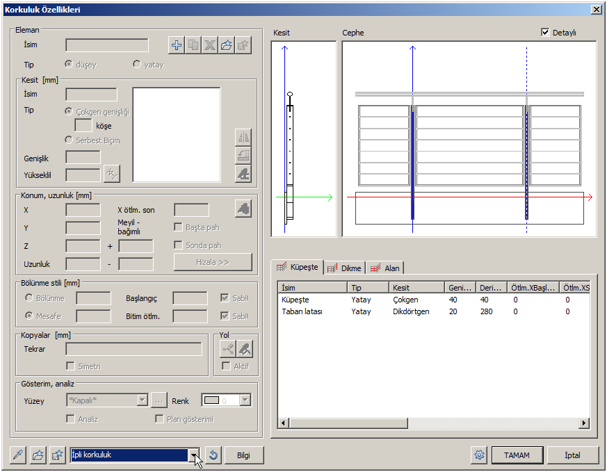 Açılan bu parametreler ekranında, küpeştenin kendisi, dikmeler, alanlar, bu elemanların kesitleri, şekilleri ve ölçüleri ile ilgili tüm işlemleri yaparak çok farklı şekillerde parametrik elemanlar