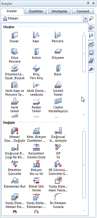 1. Araçlar menüsü, Mimari Ailesi içerisinden, Başlangıç: Duvarlar, Boşluklar, Bileşenler sekmesini tıklayın. 2. Duvar komutunu tıklayın. 3. Ekrana getirilen Duvar araççubuğundan Özellikler i tıklayın.