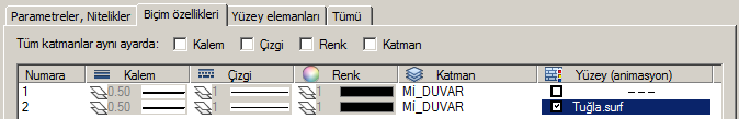 Parametreler, Nitelikler ekranından, karşılık gelen alanları tıklayarak, çalışmanın ilerleyen aşamasında metrajlarda görünecek şekilde, tabakalar için Malzeme, İşçilik, Hakimiyet, Hesaplama Modu gibi