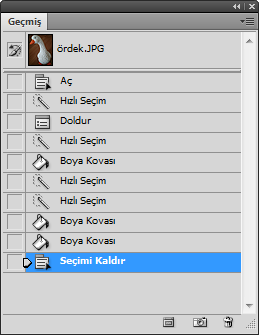 30 Bölüm 3 Temeller Geçmiş Paneli kullanılarak birden fazla işlem geri alınabilir. Geçmiş Panelini görünür hale getirmek için Menü çubuğunda bulunan Pencere başlığından Geçmiş seçeneği seçilir.