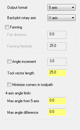 - Output format: ĠĢleme Ģekli. 4 ve 5 eksen tezgâh seçimi - Backplot rotary axis: Çizgisel dönme ekseni - Fanning: Parça köģesinde fanlama hareketi yapar.