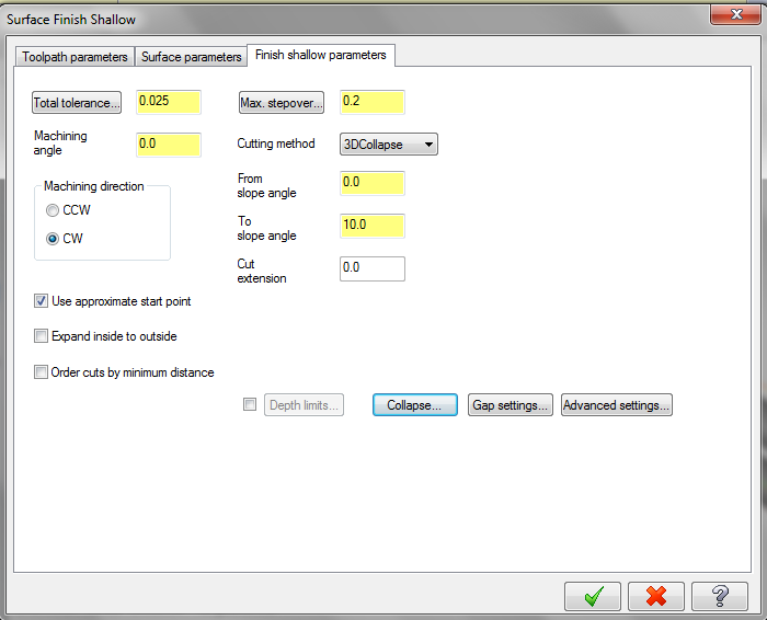 Yüzey seçimi tamamlandıktan sonra OK tuģuna basılır. Ekrana Surface Finish Shallow diyalog kutusu gelir. Toolpath parameters ayarlarını ve Surface parameters ayarlarını yapınız.