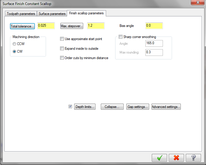 Resim 1.100: Toolpath parameters ve Surface parameters sekmeleri Finish scallop parameters (Ġnce eģit pasolu iģleme parametreleri) ayarlanır. - Total tolerance: Toplam tolerans.