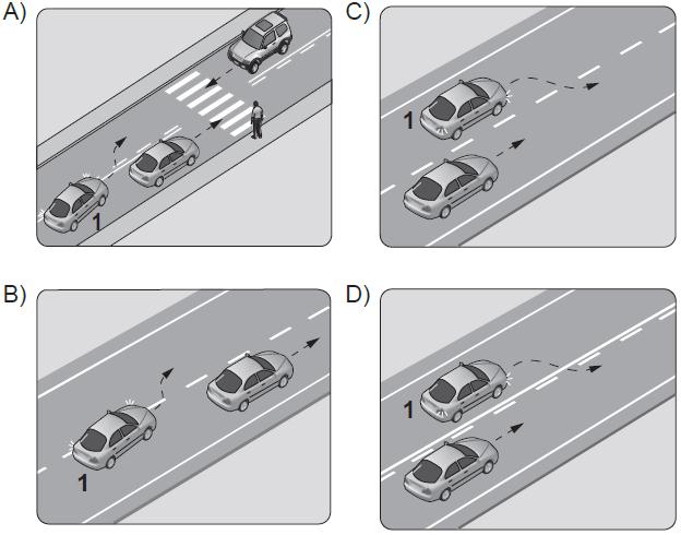 30 62-Şekildeki gibi devamlı çizgi bulunan karayolu için hangisi söylenemez? 66-Şekle göre geçme işlemi yapan 1 numaralı araç sürücüsü için aşağıdakilerden hangileri söylenebilir?