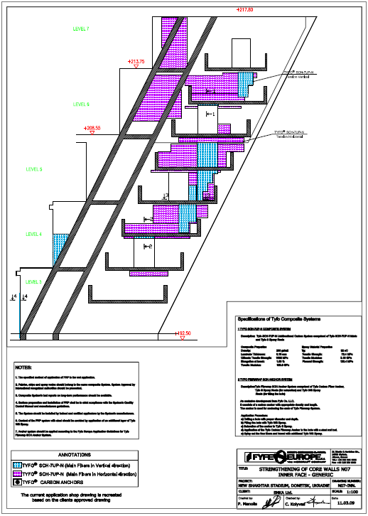 Şekil 2. Stadyum taşıyıcı sistem merdiven kovalarından birine ve çevresine ait kalıp planı (üstte) ve merdiven kovalarındaki taşıyıcı perdelere ait boykesitler (altta).