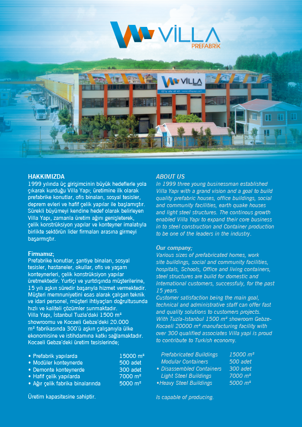 HKKIMIZD 1999yılındaüçgirişimcininbüyükhedeflerleyola çıkarakkurduğuvilayapı;üretimineilkolarak prefabrikekonutlar,ofisbinaları,sosyaltesisler, depremevlerivehafifçelikyapılarilebaşlamıştır.