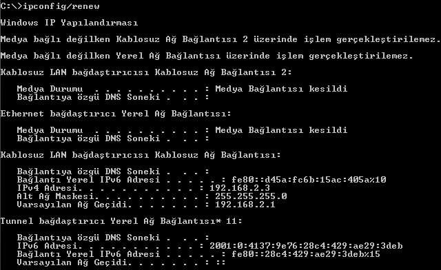 "ipconfig /release" ya da "ipconfig /release6"parametresi ile kullanılırsa, DHCP ile otomatik olarak alınmış ip adresi serbest bırakılır. Bu parametre sadece DHCP kullanan sistemler için geçerlidir.