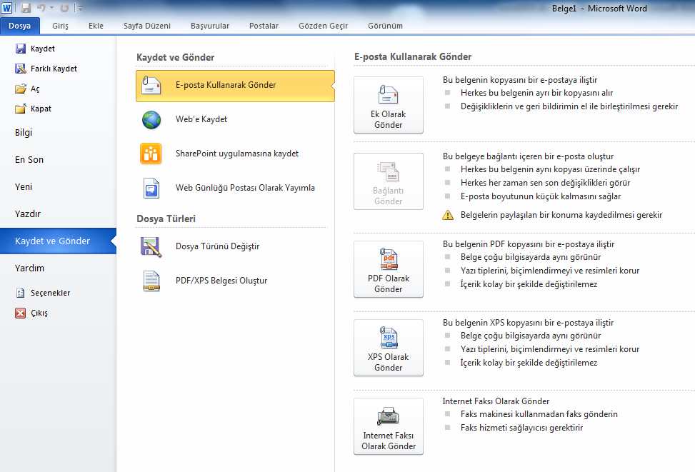 3.2.9. Kaydet ve Gönder: Word programında yapılan çalışmalar, maile, web ortamına veya farklı biçimlere aktarılarak kullanılabilir. Kaydet ve Gönder seçeneği görünümü Şekil 3.25 te görülmektedir.
