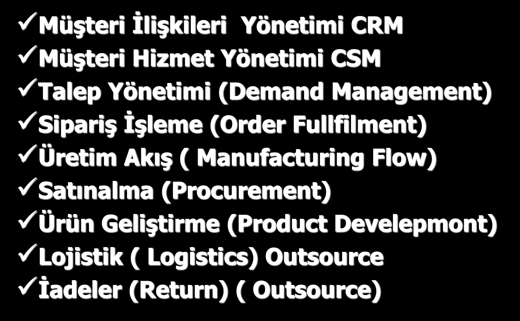 Tedarik Zinciri Süreçleri Müşteri İlişkileri Yönetimi CRM Müşteri Hizmet Yönetimi CSM Talep Yönetimi (Demand Management) Sipariş İşleme (Order Fullfilment) Üretim Akış (